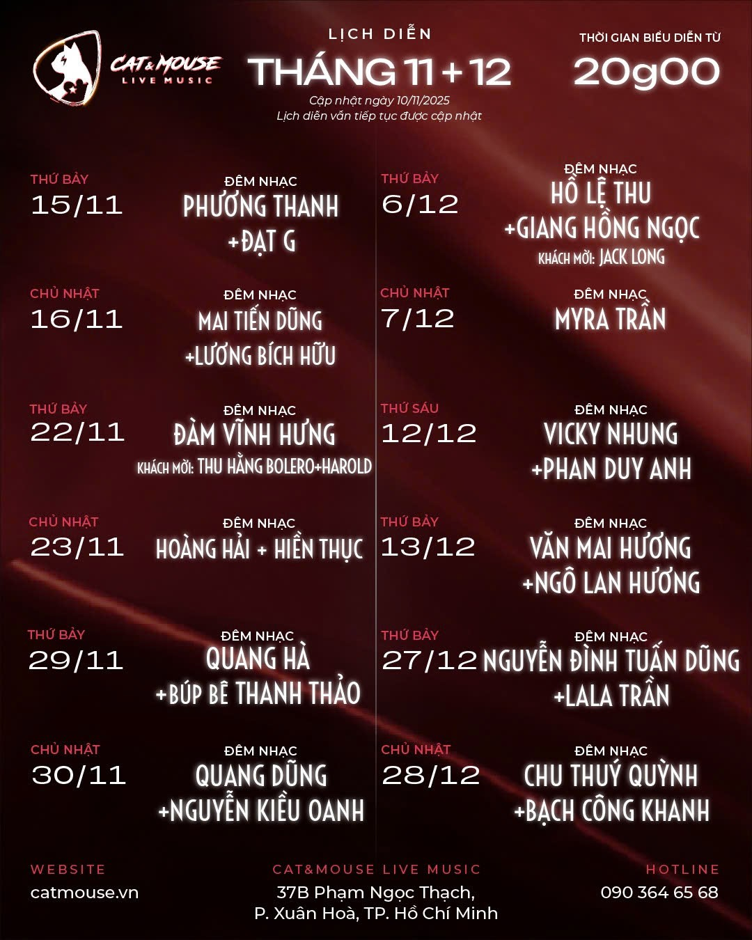 Cập nhật Lịch diễn phòng trà TPHCM mới nhất