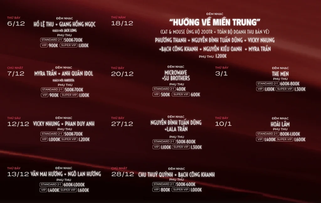 Lịch diễn phòng trà Cat&Mouse Live Music mới nhất